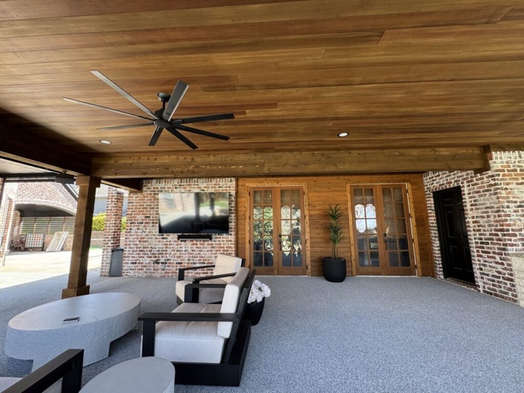 New custom build for outdoor living in Heath, Texas - patio cover, outdoor kitchen, custom wood work and stone work, plus raised beds, turf, and screens.