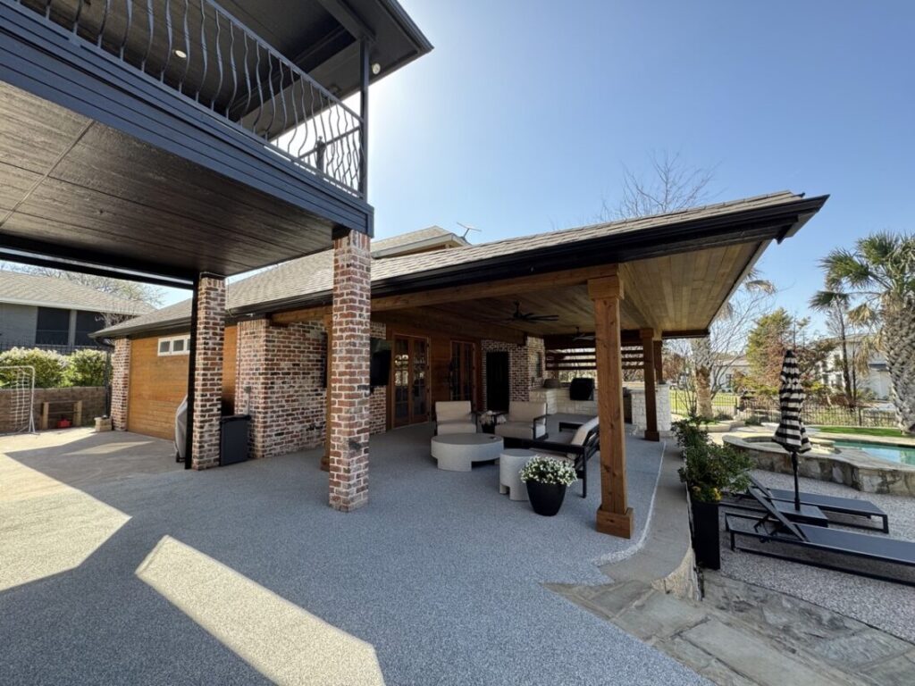 New custom build for outdoor living in Heath, Texas - patio cover, outdoor kitchen, custom wood work and stone work, plus raised beds, turf, and screens.