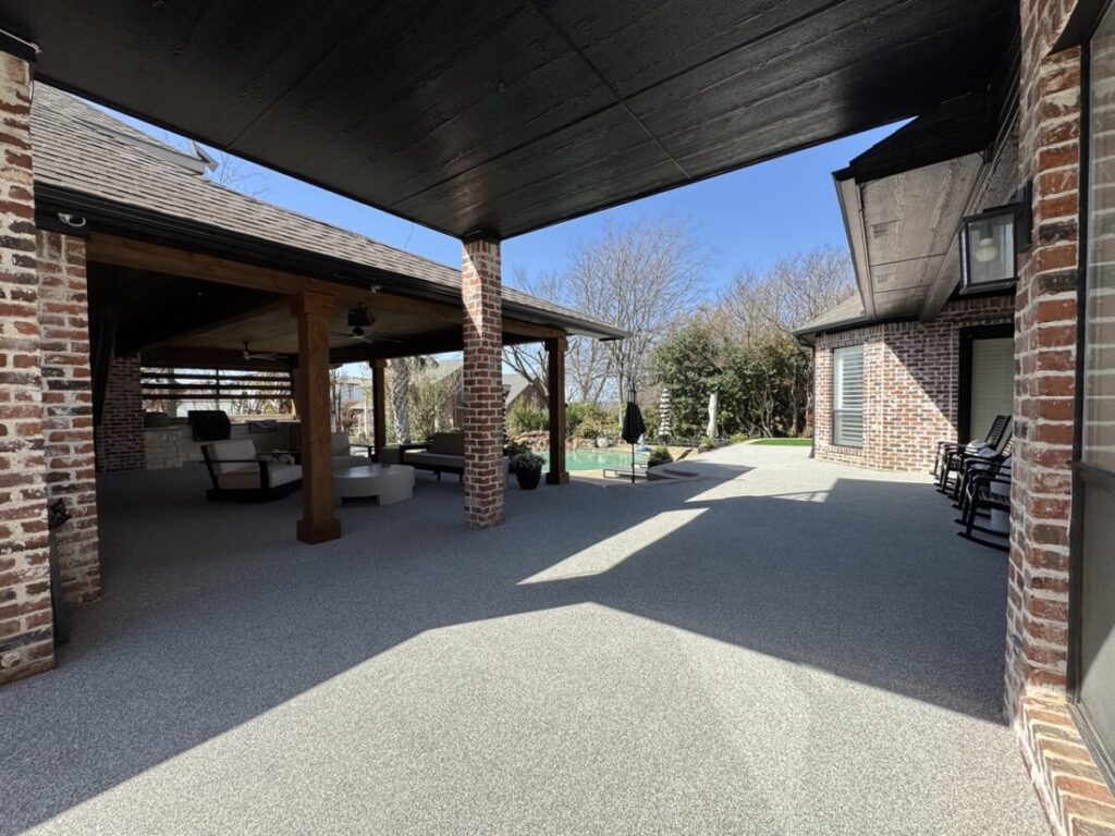 New custom build for outdoor living in Heath, Texas - patio cover, outdoor kitchen, custom wood work and stone work, plus raised beds, turf, and screens.