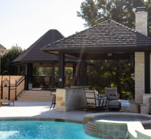 Patio Remodel - Pavilion. Fireplace, Outdoor Kitchen, Concrete stairs,