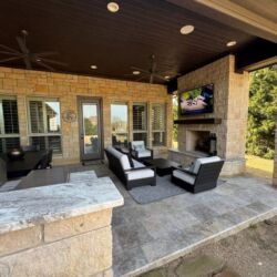 outdoor seating with travertine floor